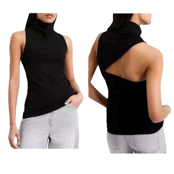 Black Sleeveless Knit Top Medium High Neck Cutout Back Tank - Picture 1 of 6